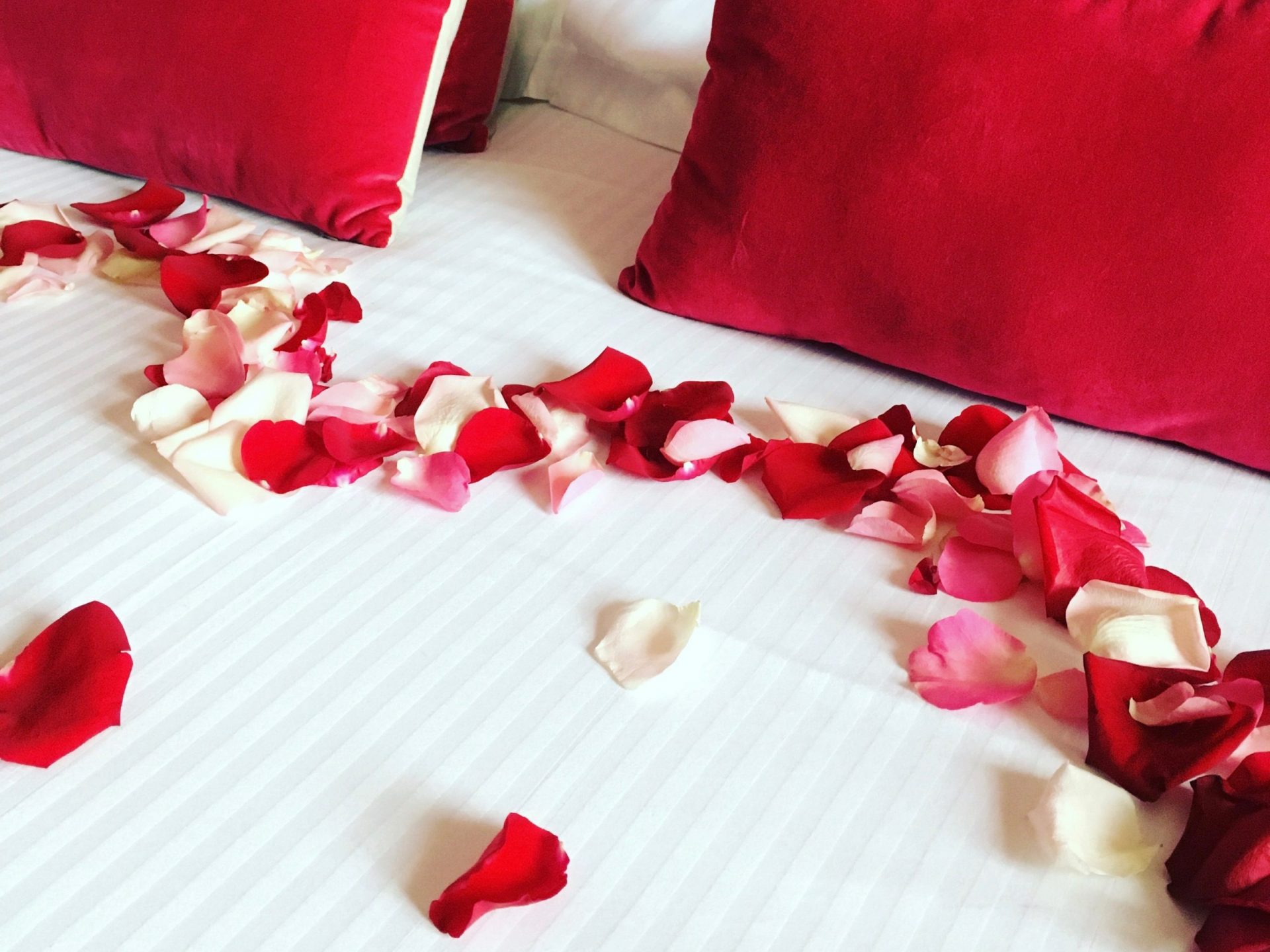 Séjour romantique à l'Hôtel Outre-Mer : Décoration du lit avec des pétales de roses fraîches pour la Saint Valentin.
