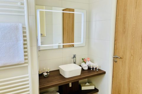 Design moderne et nombreux équipements dans la salle d'eau de la chambre supérieure familiale.